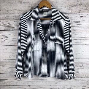 Notations Navy White Striped Button Down Blouse 10